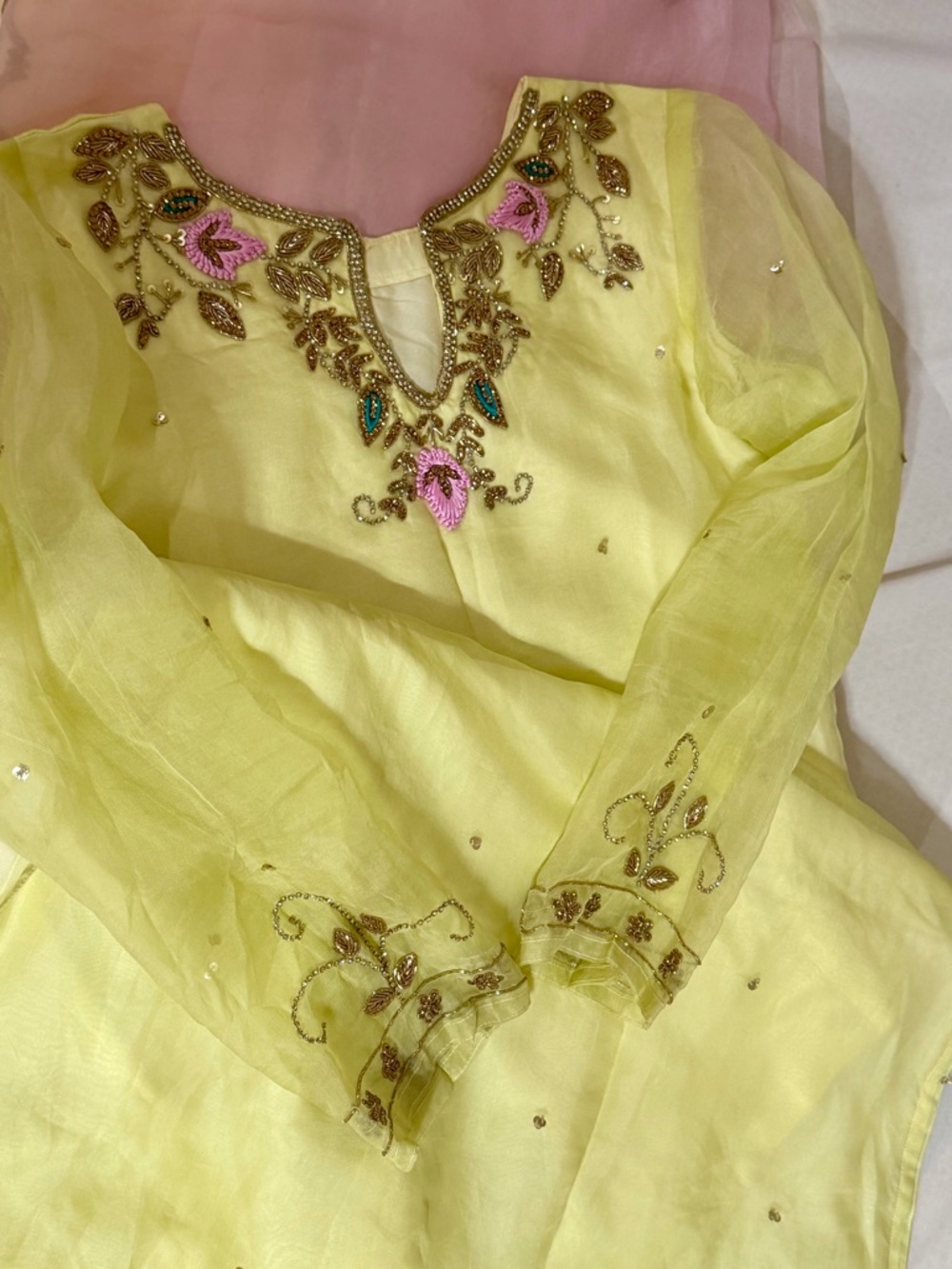 Zardousi handwork light lemon Sheer Sleeve three piece suit